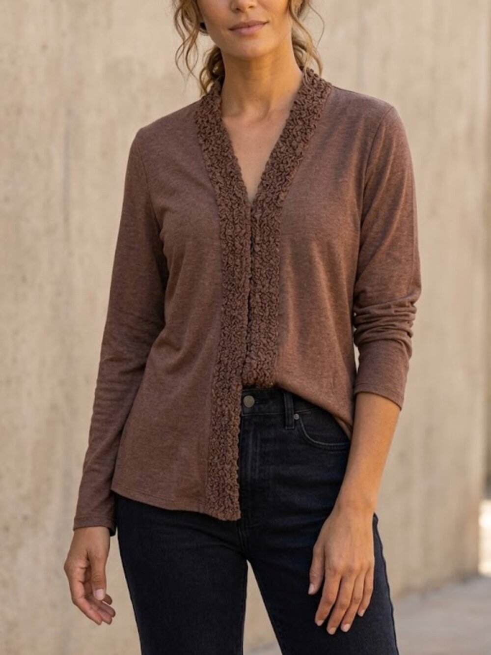 Coldwater Creek Mocha Brown Ruffle Trim Open Front Cardigan Top Size L 14
